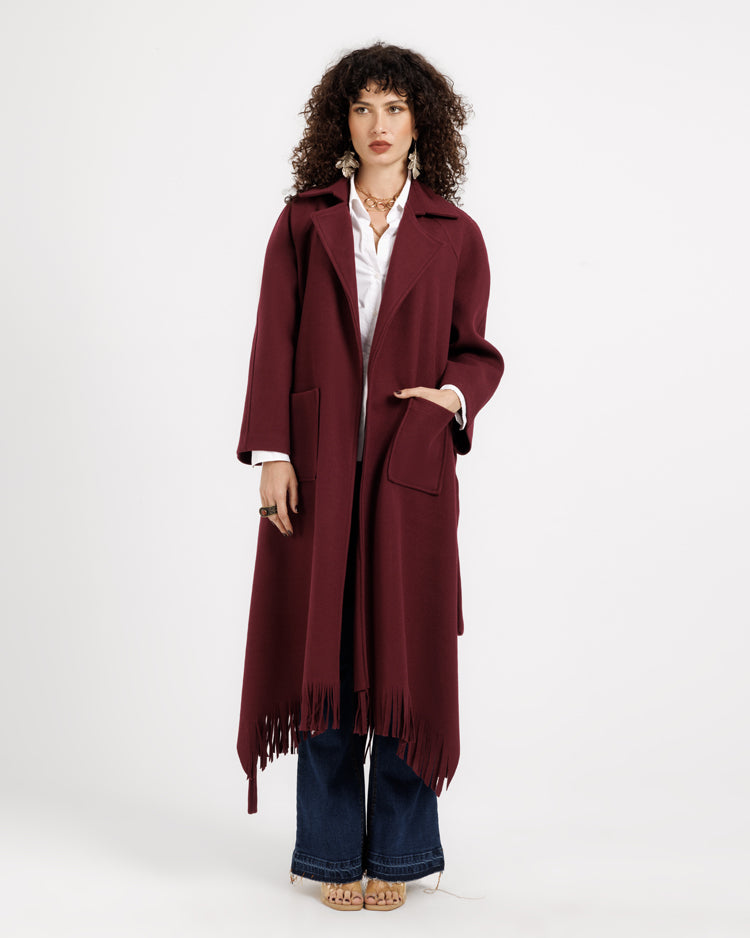 Wool Trench Coat with Fringe Back – Classic Style with a Modern Twist