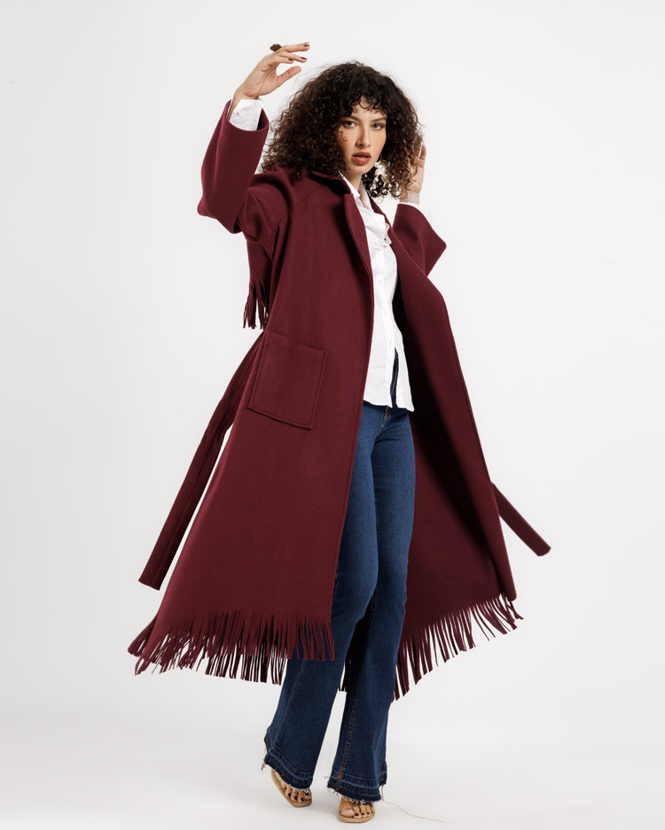 Wool Trench Coat with Fringe Back – Classic Style with a Modern Twist