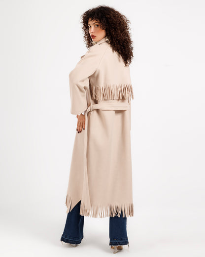 Wool Trench Coat with Fringe Back – Classic Style with a Modern Twist