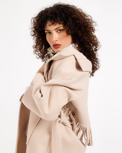 Wool Trench Coat with Fringe Back – Classic Style with a Modern Twist