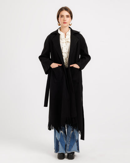 Wool Trench Coat with Fringe Back – Classic Style with a Modern Twist