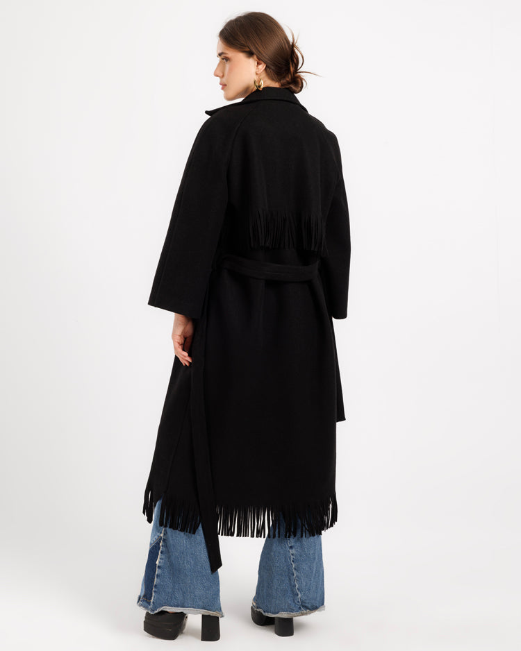 Wool Trench Coat with Fringe Back – Classic Style with a Modern Twist